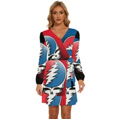 Grateful Dead Big Skull Long Sleeve Waist Tie Ruffle Velvet Dress by Bedest