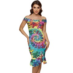 Grateful Dead Artsy Off Shoulder Ruffle Split Hem Bodycon Dress by Bedest