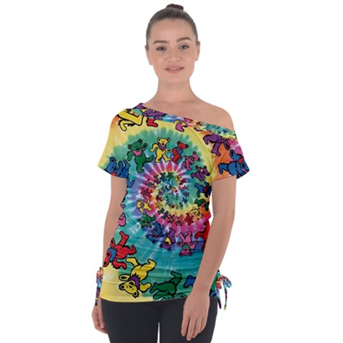 Grateful Dead Bears Tie Dye Vibrant Spiral Off Shoulder Tie-up T-shirt by Bedest