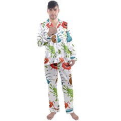 Dangerous Streptococcus Lactobacillus Staphylococcus Others Microbes Cartoon Style Vector Seamless P Men s Long Sleeve Satin Pajamas Set