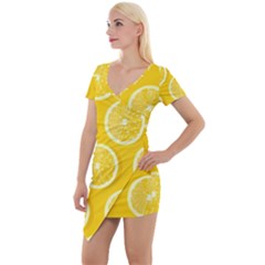 Lemon Fruits Slice Seamless Pattern Short Sleeve Asymmetric Mini Dress
