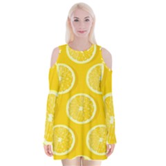 Lemon Fruits Slice Seamless Pattern Velvet Long Sleeve Shoulder Cutout Dress