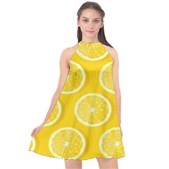Lemon Fruits Slice Seamless Pattern Halter Neckline Chiffon Dress 