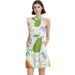 Seamless Tropical Pattern With Papaya Cocktail Party Halter Sleeveless Dress With Pockets