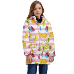 Tropical Fruits Berries Seamless Pattern Kids  Hooded Longline Puffer Jacket by Ravend