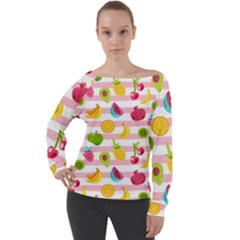 Tropical Fruits Berries Seamless Pattern Off Shoulder Long Sleeve Velour Top