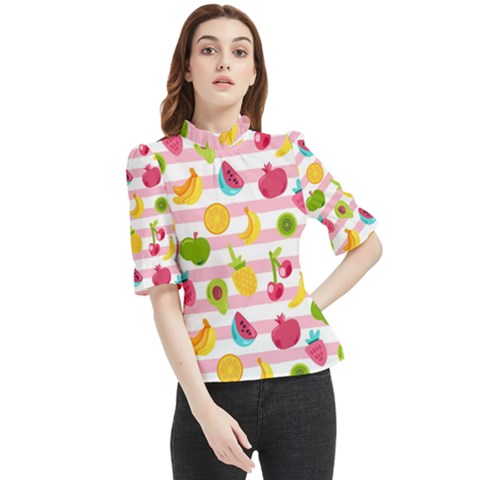 Tropical Fruits Berries Seamless Pattern Frill Neck Blouse by Ravend