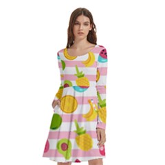 Tropical Fruits Berries Seamless Pattern Long Sleeve Knee Length Skater Dress With Pockets