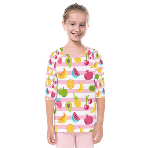 Tropical Fruits Berries Seamless Pattern Kids  Quarter Sleeve Raglan T-shirt by Ravend