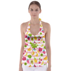 Tropical Fruits Berries Seamless Pattern Tie Back Tankini Top