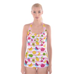 Tropical Fruits Berries Seamless Pattern Boyleg Halter Swimsuit  by Ravend