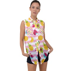 Tropical Fruits Berries Seamless Pattern Sleeveless Chiffon Button Shirt