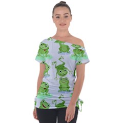 Cute Green Frogs Seamless Pattern Off Shoulder Tie-up T-shirt