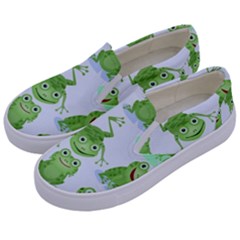 Cute Green Frogs Seamless Pattern Kids  Canvas Slip Ons