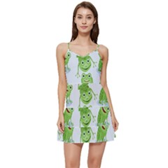 Cute Green Frogs Seamless Pattern Short Frill Dress