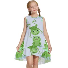 Cute Green Frogs Seamless Pattern Kids  Frill Swing Dress