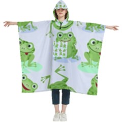 Cute Green Frogs Seamless Pattern Women s Hooded Rain Ponchos