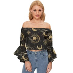 Star Colorful Christmas Abstract Off Shoulder Flutter Bell Sleeve Top by Apen