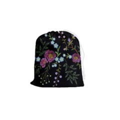 Embroidery Trend Floral Pattern Small Branches Herb Rose Drawstring Pouch (small) by Apen