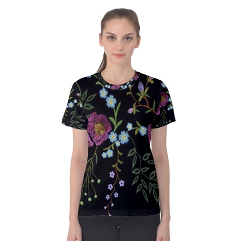 Embroidery Trend Floral Pattern Small Branches Herb Rose Women s Cotton T-shirt by Apen