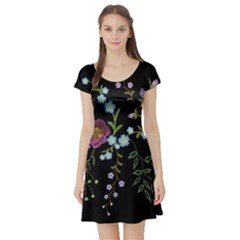Embroidery Trend Floral Pattern Small Branches Herb Rose Short Sleeve Skater Dress by Apen