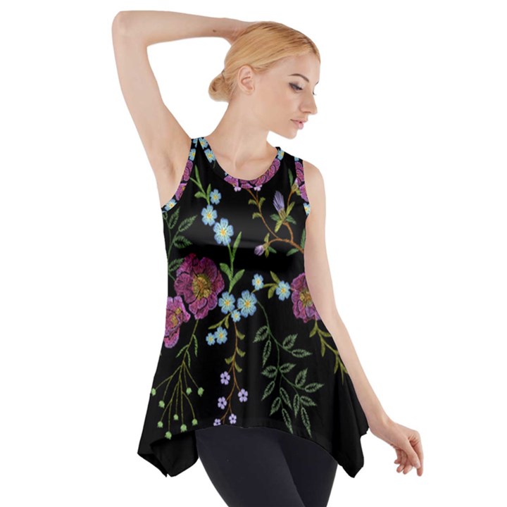 Embroidery Trend Floral Pattern Small Branches Herb Rose Side Drop Tank Tunic