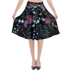 Embroidery Trend Floral Pattern Small Branches Herb Rose Flared Midi Skirt