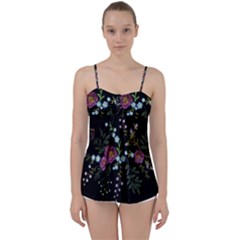 Embroidery Trend Floral Pattern Small Branches Herb Rose Babydoll Tankini Top