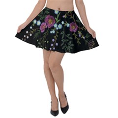 Embroidery Trend Floral Pattern Small Branches Herb Rose Velvet Skater Skirt