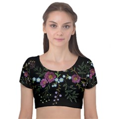 Embroidery Trend Floral Pattern Small Branches Herb Rose Velvet Short Sleeve Crop Top  by Apen