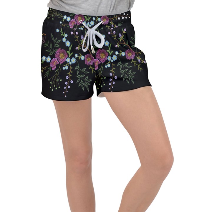 Embroidery Trend Floral Pattern Small Branches Herb Rose Women s Velour Lounge Shorts