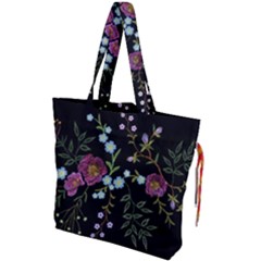 Embroidery Trend Floral Pattern Small Branches Herb Rose Drawstring Tote Bag