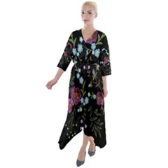 Embroidery Trend Floral Pattern Small Branches Herb Rose Quarter Sleeve Wrap Front Maxi Dress