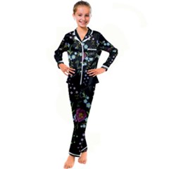 Embroidery Trend Floral Pattern Small Branches Herb Rose Kids  Satin Long Sleeve Pajamas Set by Apen