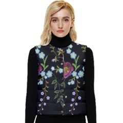 Embroidery Trend Floral Pattern Small Branches Herb Rose Women s Button Up Puffer Vest by Apen