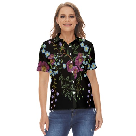 Embroidery Trend Floral Pattern Small Branches Herb Rose Women s Short Sleeve Double Pocket Shirt by Apen