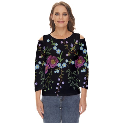 Embroidery Trend Floral Pattern Small Branches Herb Rose Cut Out Wide Sleeve Top by Apen