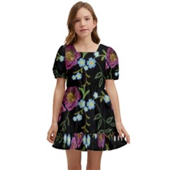 Embroidery Trend Floral Pattern Small Branches Herb Rose Kids  Short Sleeve Dolly Dress by Apen