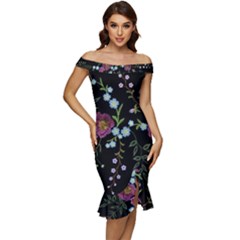 Embroidery Trend Floral Pattern Small Branches Herb Rose Off Shoulder Ruffle Split Hem Bodycon Dress