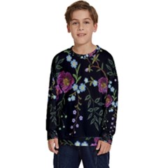 Embroidery Trend Floral Pattern Small Branches Herb Rose Kids  Crewneck Sweatshirt by Apen