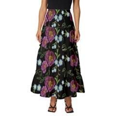 Embroidery Trend Floral Pattern Small Branches Herb Rose Tiered Ruffle Maxi Skirt by Apen