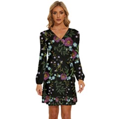 Embroidery Trend Floral Pattern Small Branches Herb Rose Long Sleeve Waist Tie Ruffle Velvet Dress