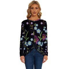 Embroidery Trend Floral Pattern Small Branches Herb Rose Long Sleeve Crew Neck Pullover Top by Apen