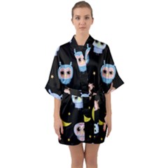 Cute Art Print Pattern Half Sleeve Satin Kimono 