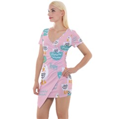 Cute Owl Doodles With Moon Star Seamless Pattern Short Sleeve Asymmetric Mini Dress by Apen