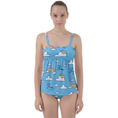 Seamless Pattern Vector Owl Cartoon With Bugs Twist Front Tankini Set