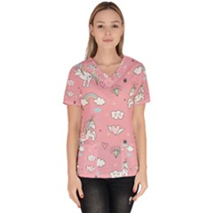 Cute Unicorn Seamless Pattern Women s V-neck Scrub Top