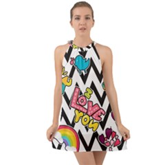 Vector Romantic Love Seamless Pattern Halter Tie Back Chiffon Dress