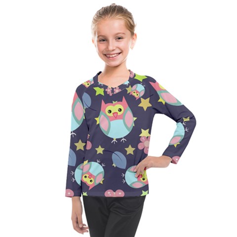 Owl Stars Pattern Background Kids  Long Mesh T-shirt by Apen