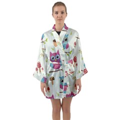 Forest Seamless Pattern With Cute Owls Long Sleeve Satin Kimono by Apen